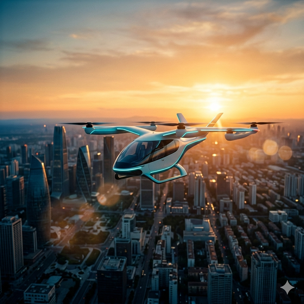 Air taxi eVTOL aircraft in flight over Owando